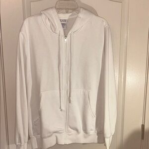 White hooded sweat jacket, zip front, 2 pockets size XL